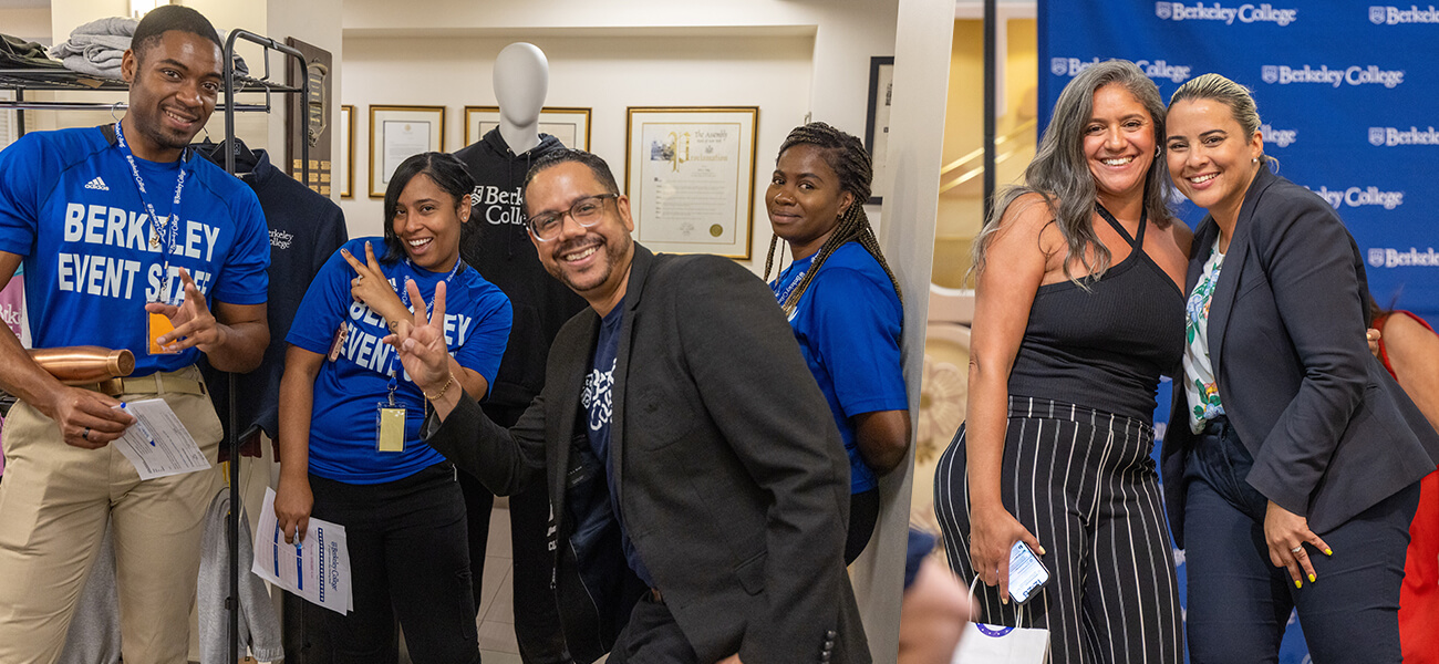 A group of people in Berkeley College attire pose together, showcasing camaraderie, with event-related merchandise in the background
