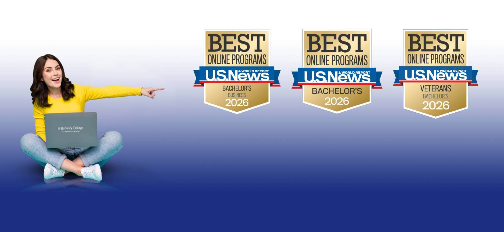 A person sitting with a laptop points to three awards for Best Online Programs from US News for 2026.