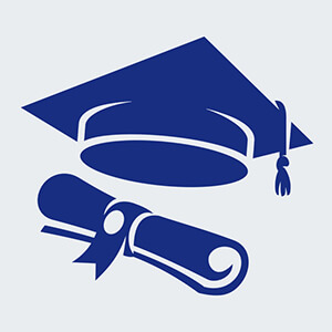 A blue graduation cap and diploma with a ribbon, symbolizing academic achievement and education.