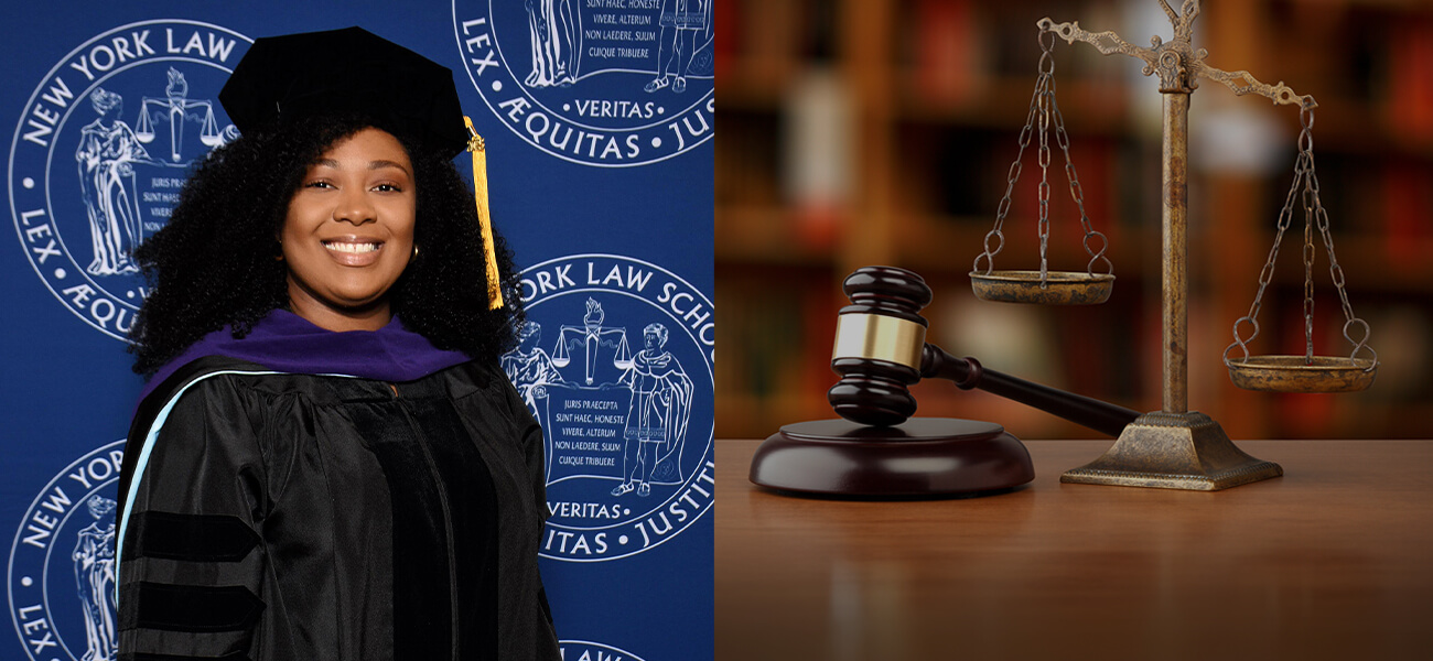 A woman wearing a graduation gown poses next to a scale, representing her academic success and the weight of her achievements