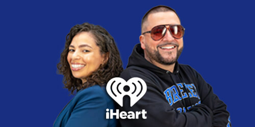 DJ Prostyle and Penny Dellas. Side by side against a solid blue background